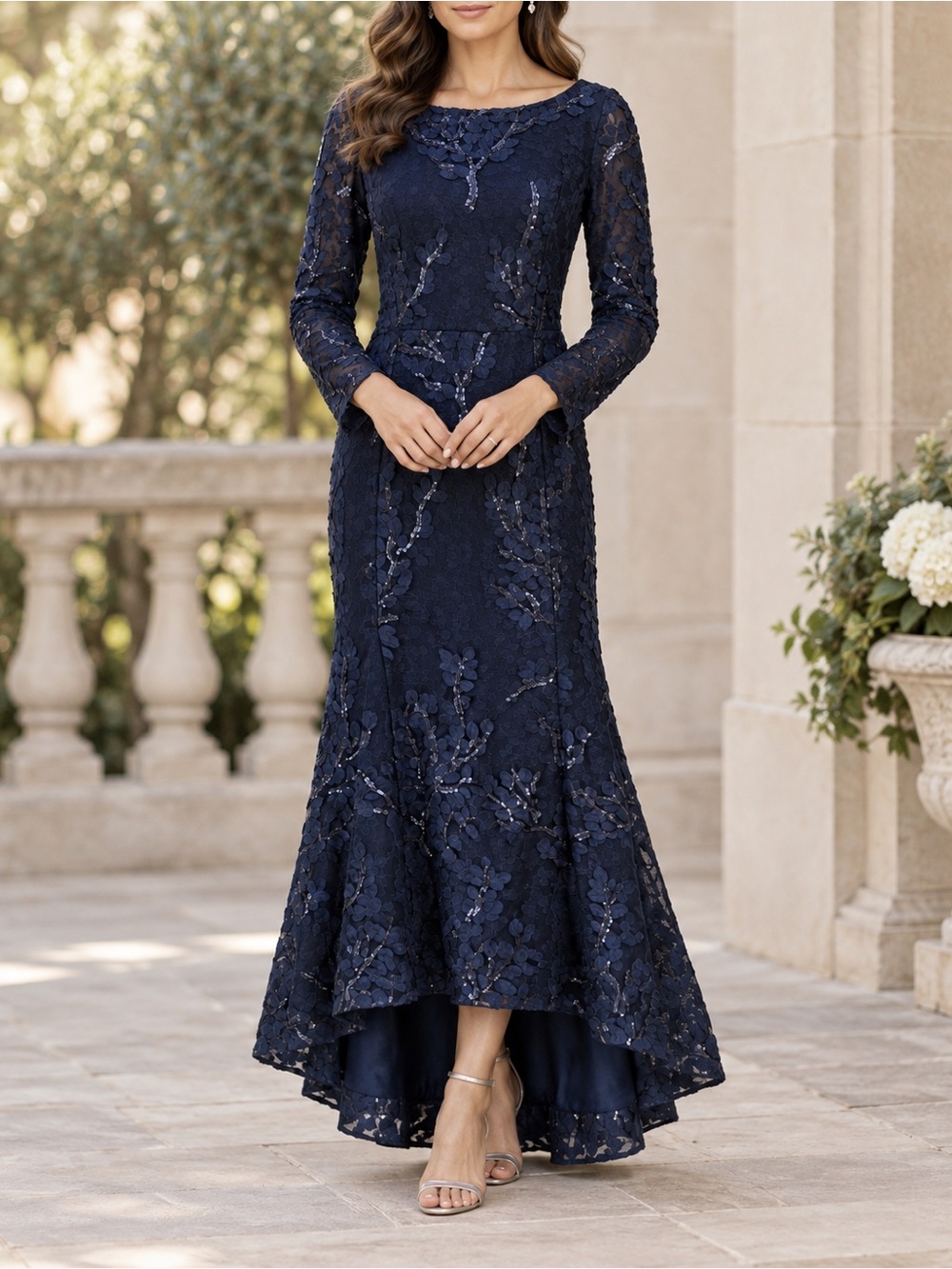 Lauren Ralph Lauren Navy Beaded Lace High Low Gown Dress Size 8